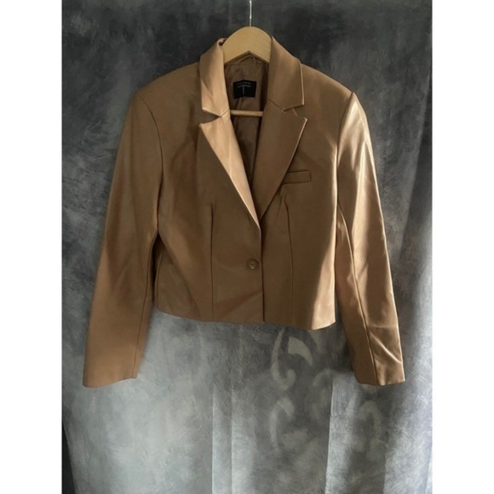 Tan Faux Leather Cropped Blazer Jacket Clean‎ Girl Chic Quiet Luxury Size Small